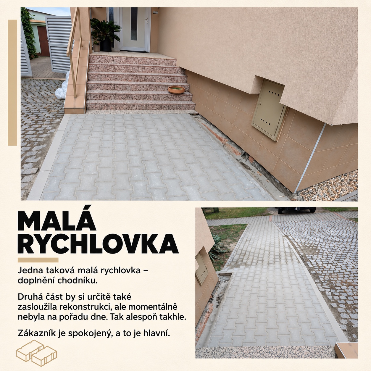 Dokončené doplnění chodníku ze šedé zámkové dlažby